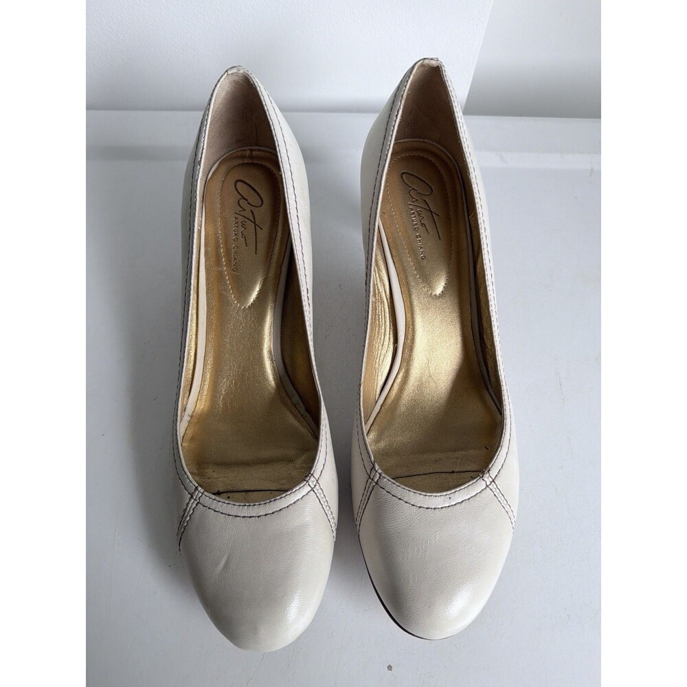 Arturo Chiang Women White Leather Round Toe Dress Heels Pumps Size 9 M